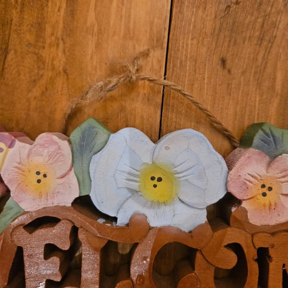 VTG Floral Wooden Welcome‎ Wall Hanging Sign Butterfly Cottagecore Spring Decor